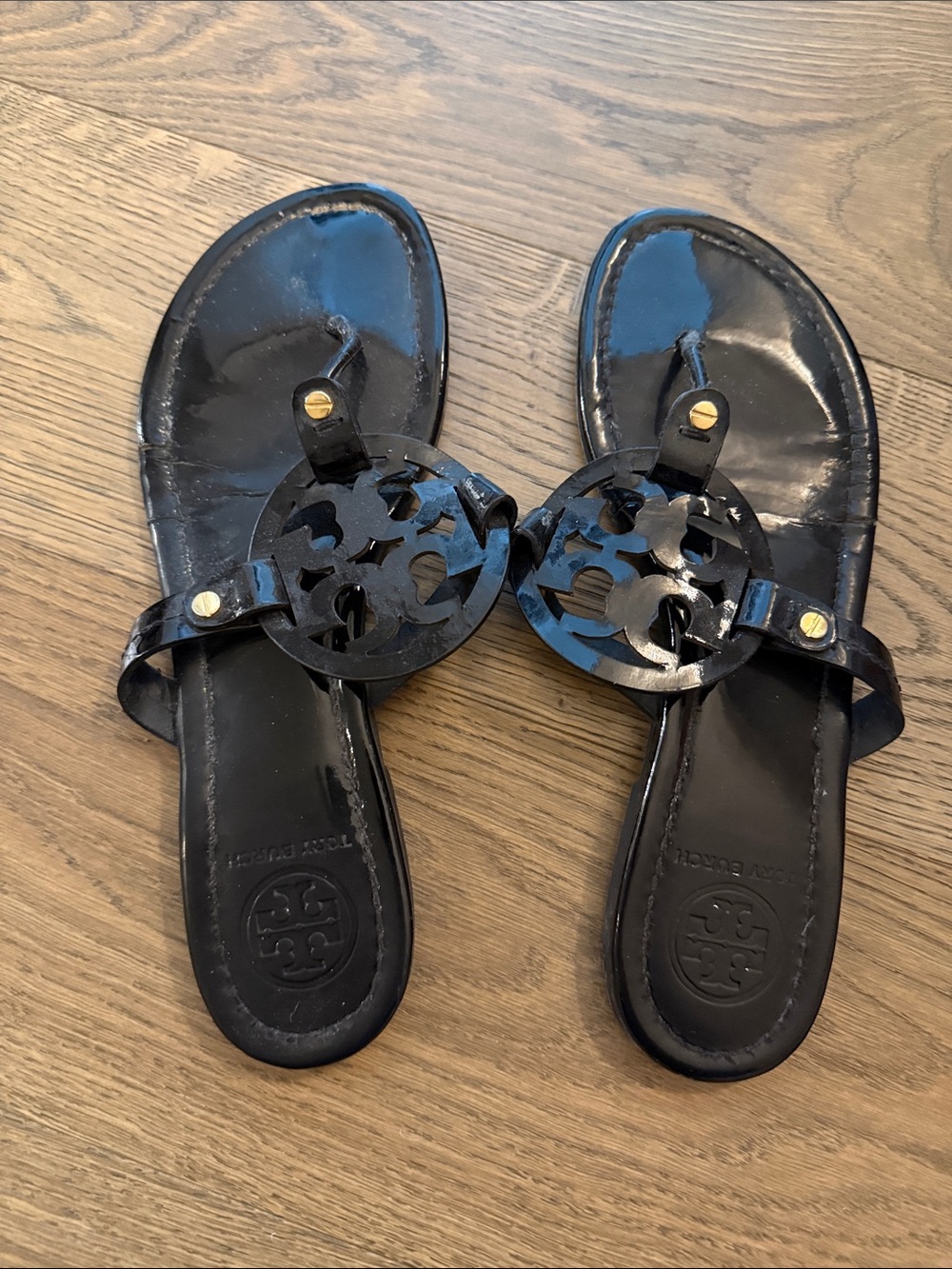 Tory Burch Black Patent Miller Logo Thong Sandals